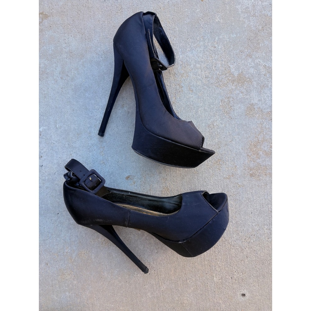 Y2K Shoedazzle Black Satin Peep Toe Platform Stiletto Heels Ankle Strap Size 7 - Picture 4 of 5